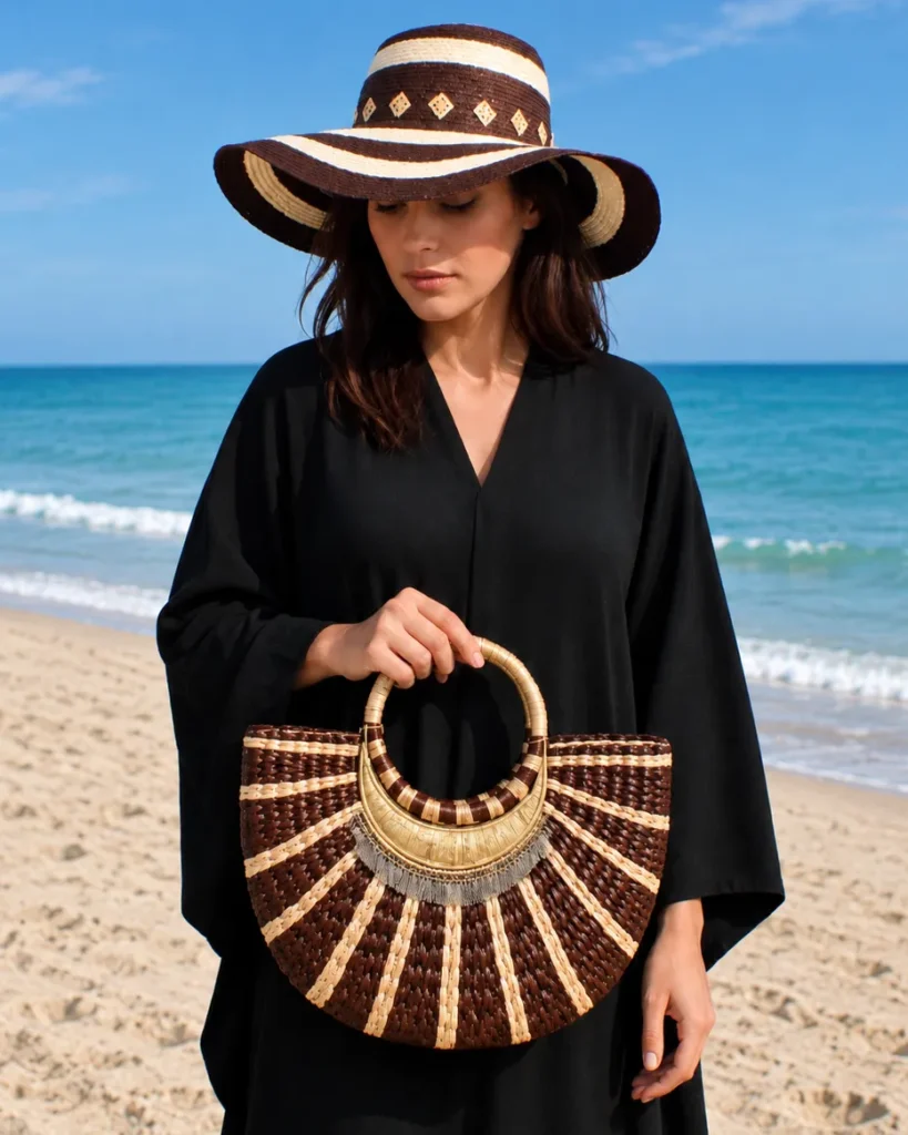 Seaside Set Girl Model Hat Bag in Hand Beach Sea