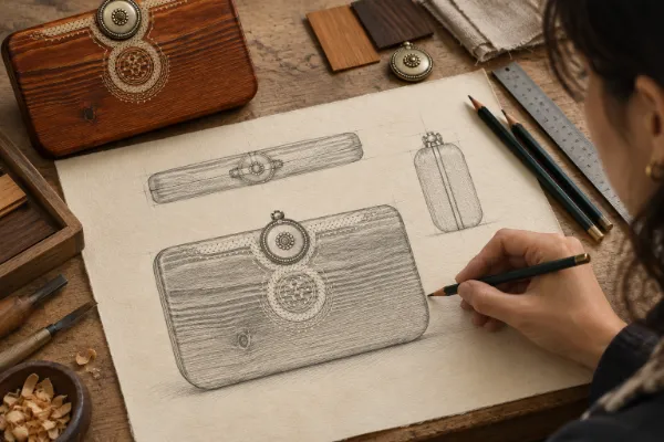 Artisan sketching the TROVE ZAR wooden handbag design on paper
