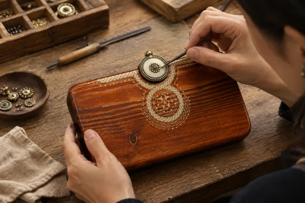 Artisan attaching decorative hardware to the TROVE ZAR wooden handbag