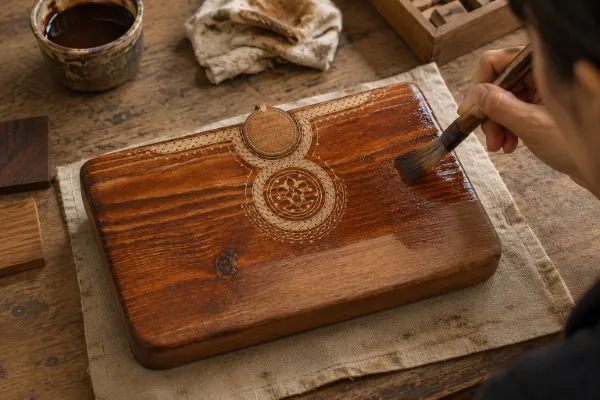 Artisan applying wood stain to the wooden body of the TROVE ZAR handbag
