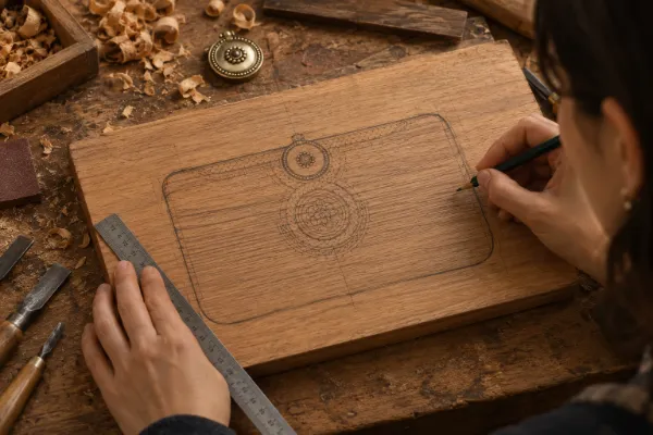 Artisan tracing the TROVE ZAR handbag design onto raw wood